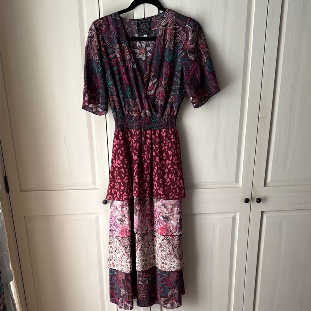 Johnny Was Vibrant Purple and Red Tiered Midi Dress with Flutter Sleeves